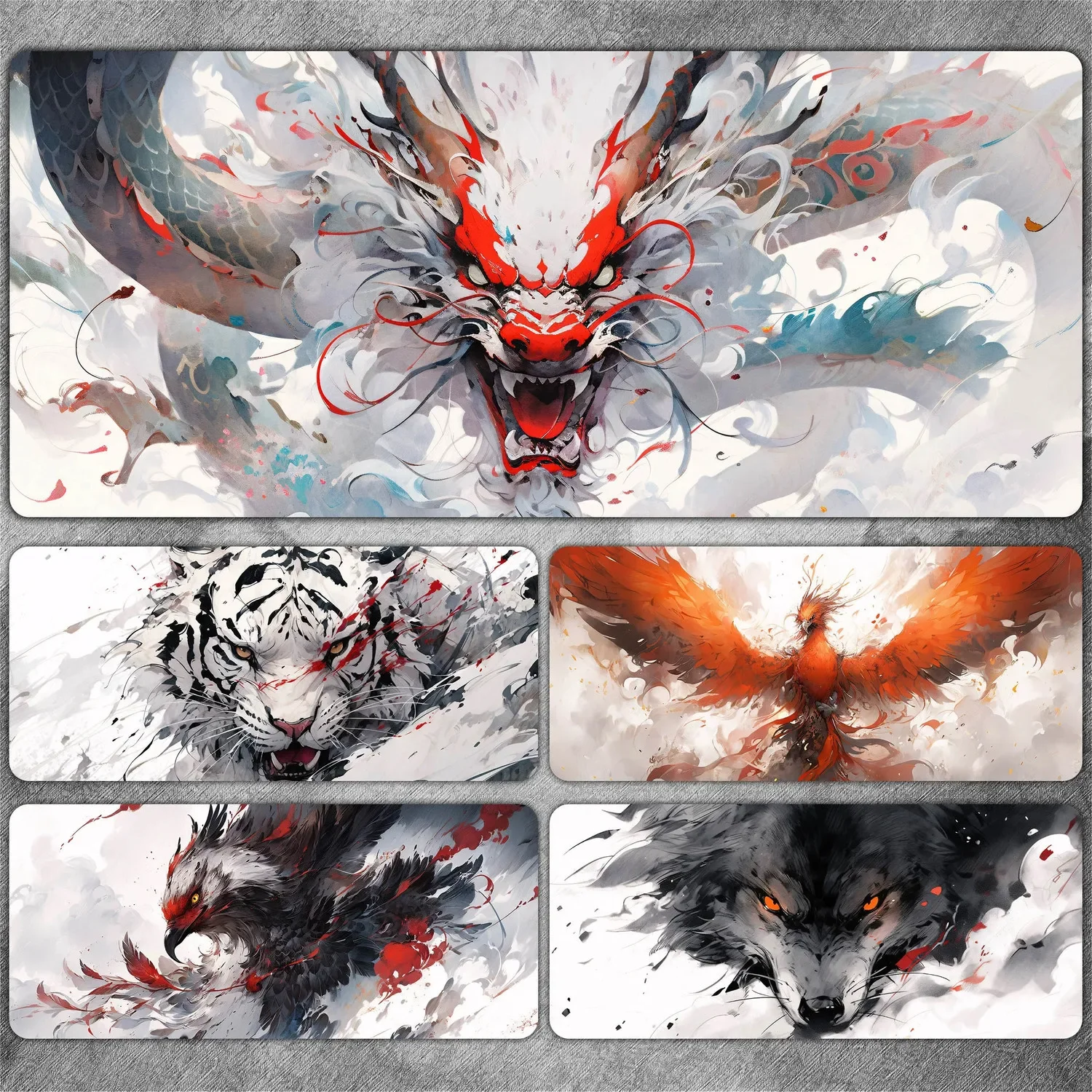 Фото Коврик для мыши в китайском стиле Mythical Beast, настольный коврик с дизайном Dragon Tiger Phoenix для игр и офиса, противоскользящая резиновая основа №1