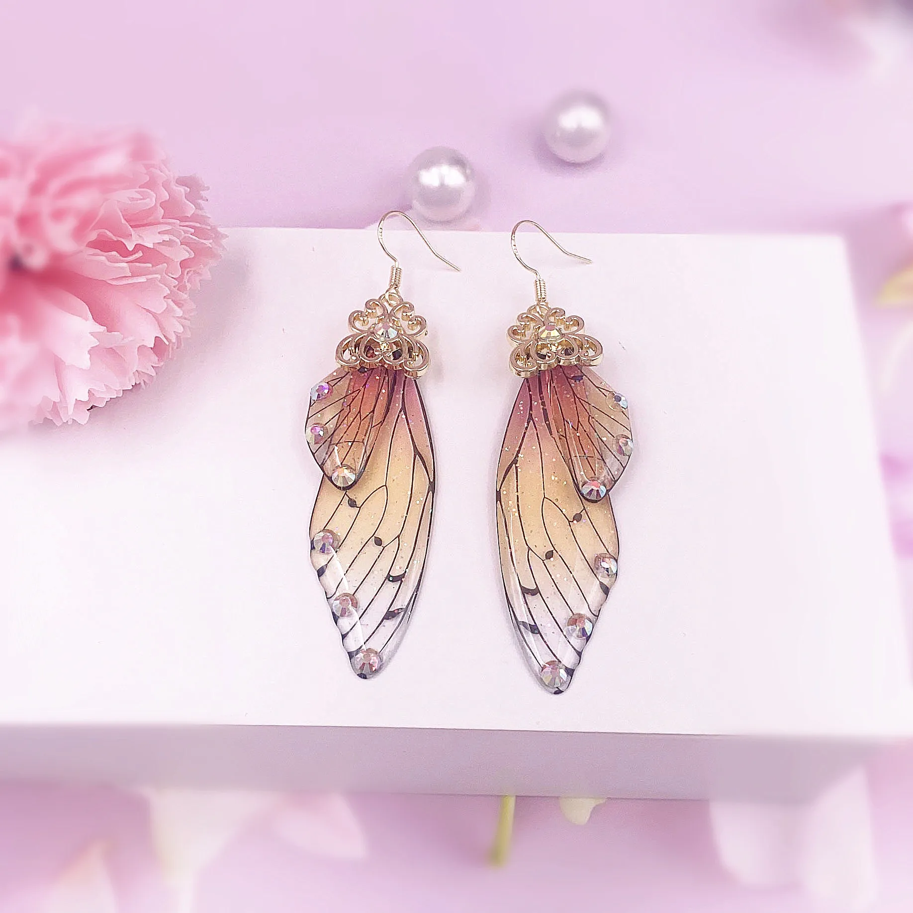 

Minar Trendy Handmade Simulation Wing Dangle Earrings Gradient Colourful Butterfly Wings Resin Shiny Rhinestone Earrings Jewelry