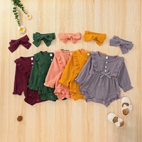 baby romper cotton long sleeveheadband linen ruffles rompers infant playsuit casual solid color jumpsuits babys clothing