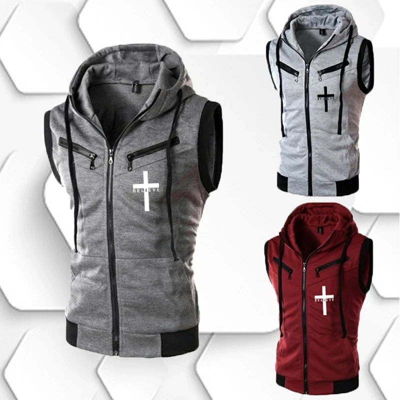 

Summer New Gym Vest Men's Bodybuilding Sleeveless Sports Tank Top Fitness Running Zipper Hooded Coat Male Fashion Clothes S-4XL