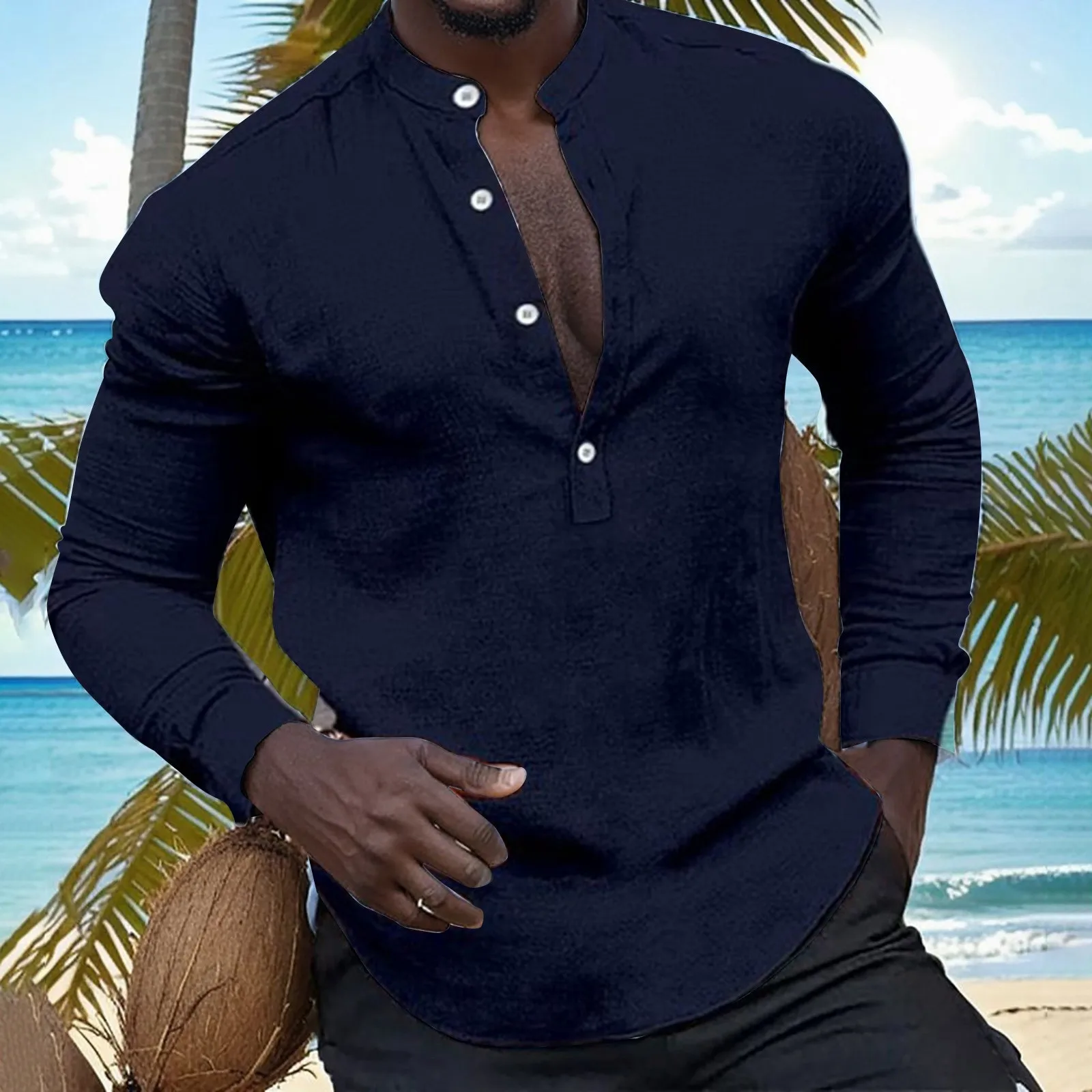 

Рубашка Мужская льняная с длинным рукавом, Повседневная Деловая блузка с v-образным вырезом, на пуговицах, однотонная блузка