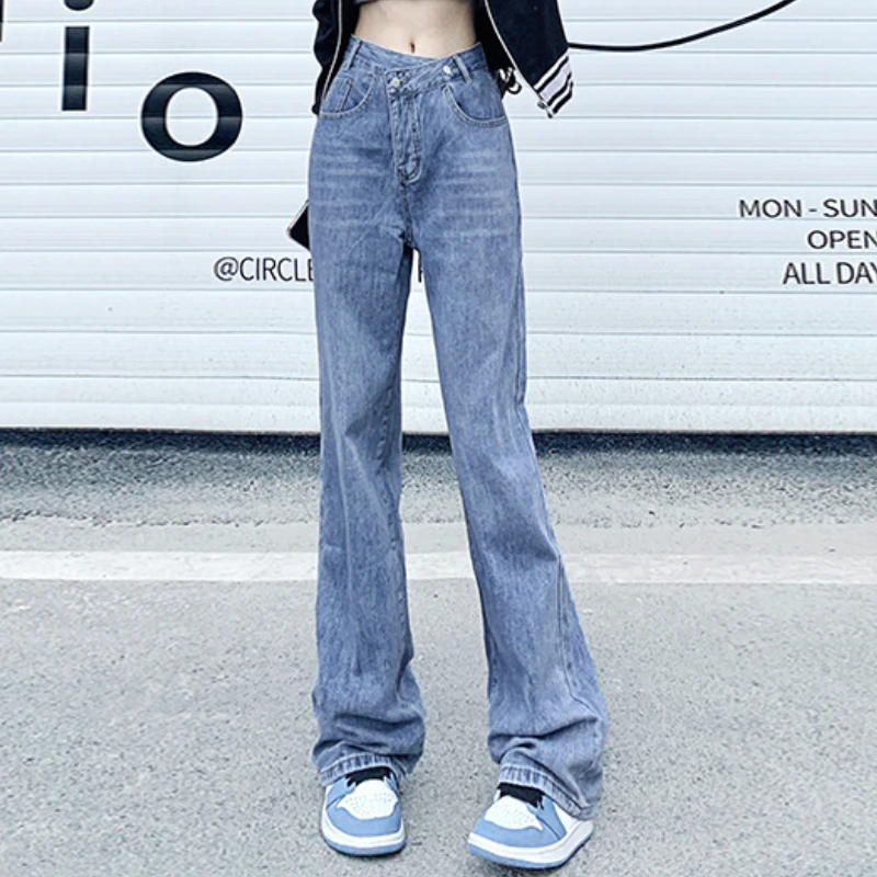 Autumn New Loose and Thin Mopping Pants Cross Irregular Waist Design All-match High Waist Wide Leg Denim Trousers Women Y2K