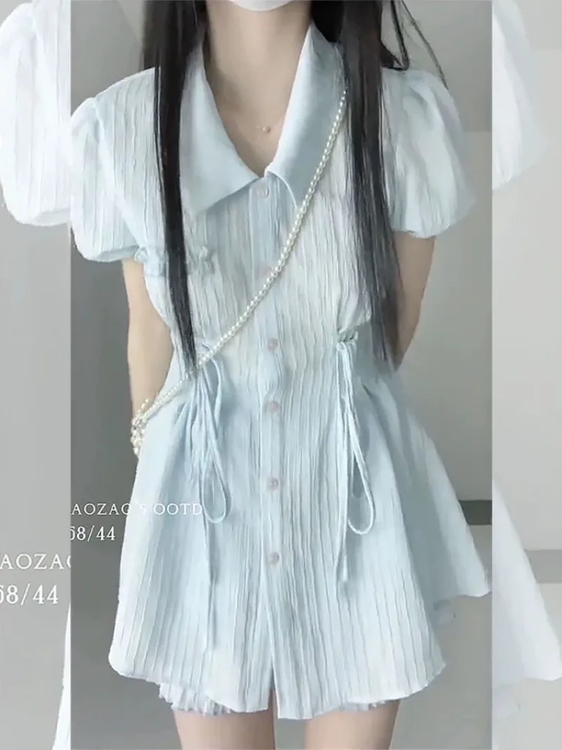 

Sky Blue Shirts Sets Sweet Short Sleeve Shirt Turn Down Collar Korean Camisas Women Bandage Twp Piece Elastic Waist Shorts Y2k