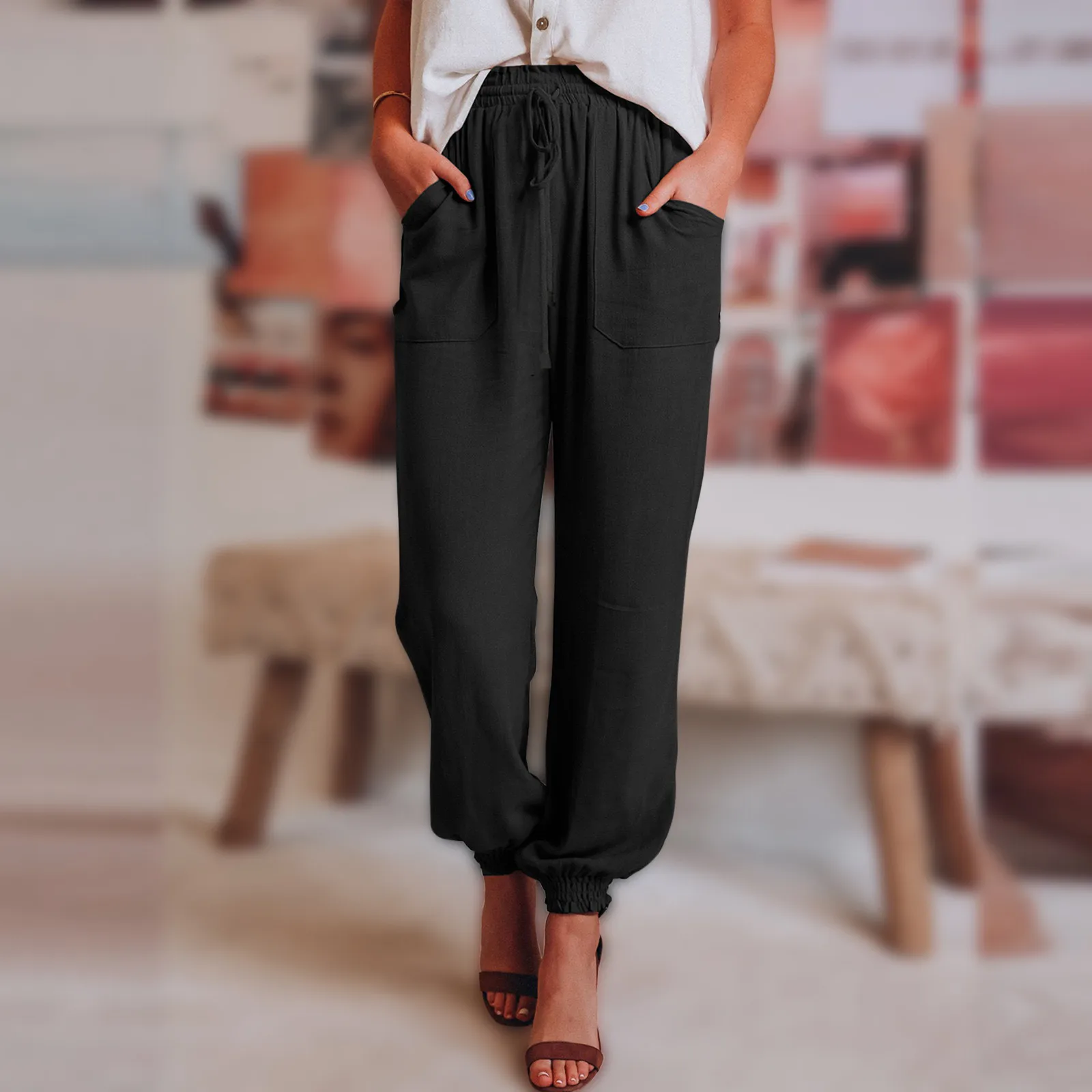 Women'S Lace-Up Pants Cotton And Linen Stitching Trousers Solid Color Pocket Ladies Casual Drawstring Pencil Long Pants