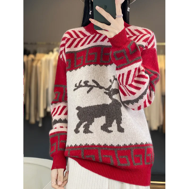 Deer 2025 рождественские утепленные женские свитера из 100% шерсти зимний вязаный