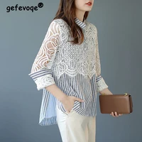 2022 spring autumn women sexy slit lace patchwork striped print shirts korean fashion casual loose long sleeve tunic blouse tops