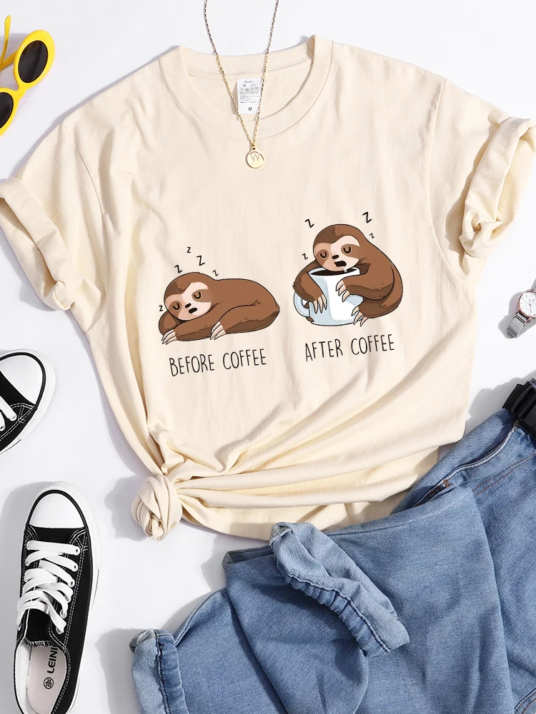 

Before Coffee After Coffee Kawaii Sloth Tshirts Female Fashion Comfortable T-Shirts Street Casual Crop Top Summer Cool Tshirt