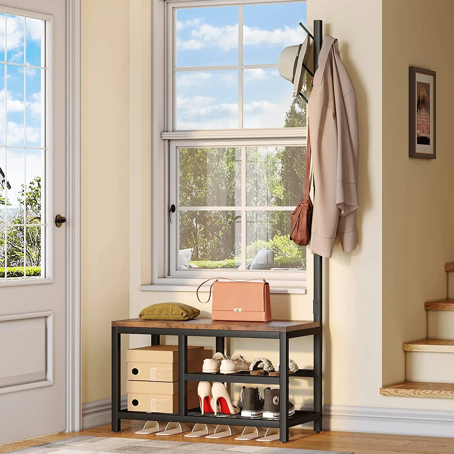 

Free shipping Coat Rack Shoe Bench 3-in-1 Standing Hall Tree with Entryway Storage Bench Industrial Coat Tree and Shoe Storage f