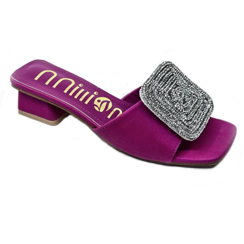 

Summer Women Slippers 2023 New Rhinestone Mule High Heels Ladies Sandals Flip Flops Square Head Slides Party Shoes Female