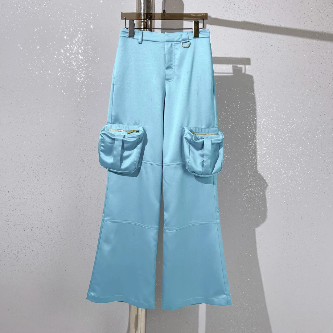 Spring and summer blue sea hanging tooling wide leg pants pocket tooling, hanging fabric