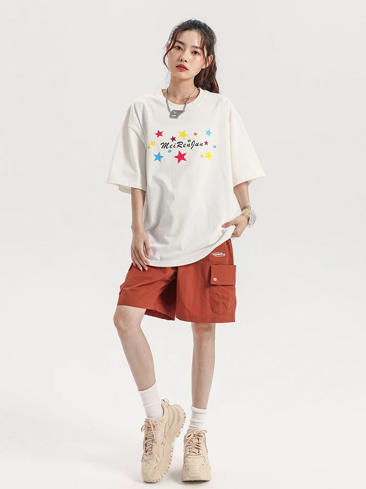 Женская Винтажная футболка с коротким рукавом белая свободная большого размера