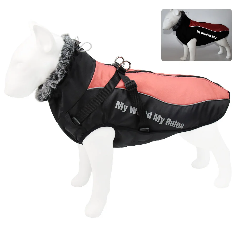 

Large Dog Jacket Fur Collar Winter Dogs Clothes for Pet Waterproof Big Dog Coat with Removable Harness French Bulldog Pug Outfit