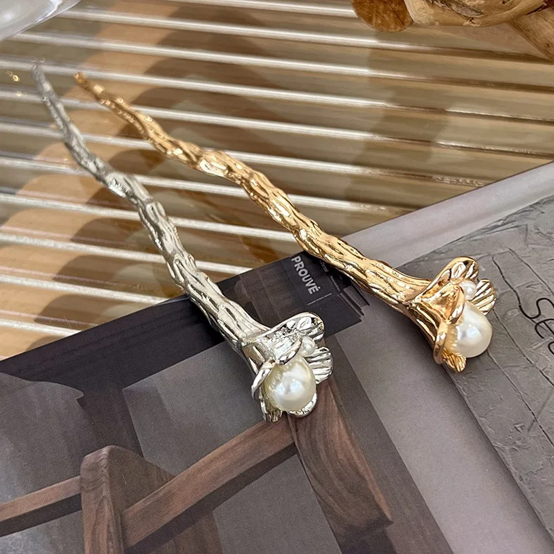 Metallic Flowers Hair Sticks Simulated Pearl Pleated Bud Long Hair Clips For Women Headwear