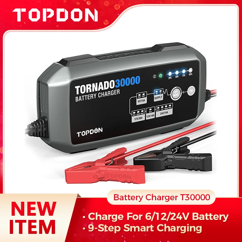 TOPDON 6/12/24V Car Battery Charger Automatic Power Puls Repair For Car/Motorcycle/Boat/Truck/ATV Lead Acid Li Battery T30000
