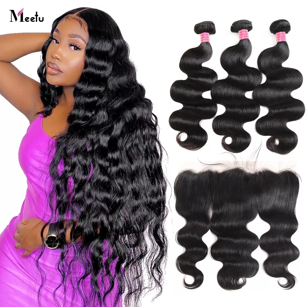 

Meetu Body Wave Bundles With Frontal 13X4 Transparent Lace Frontal With Bundles 100% Brazilian Human Hair Bundles With Closure