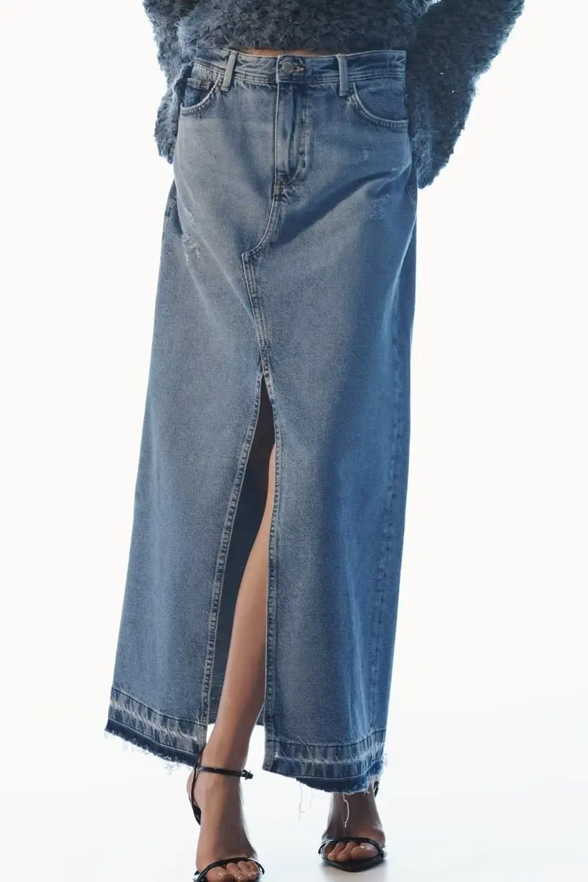

Юбка-миди женская джинсовая с разрезом спереди, завышенной талией и молнией