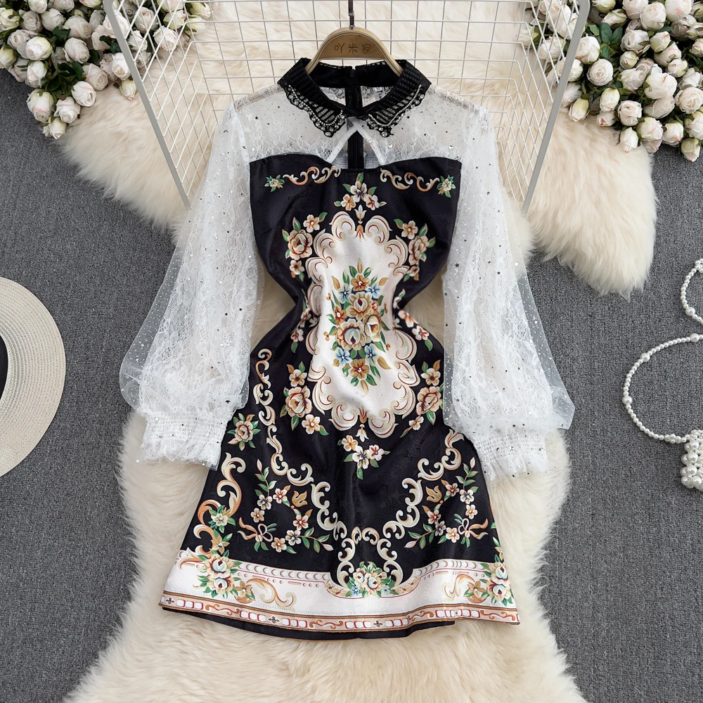 

Весеннее дворцовый ретро-стиль приталенное Сетчатое платье трапециевидной формы с длинными рукавами и отворотом