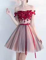 vkiss 2022 aline floral homecoming cocktail party valentines day dress off shoulder short sleeve short tulle with bow appliques