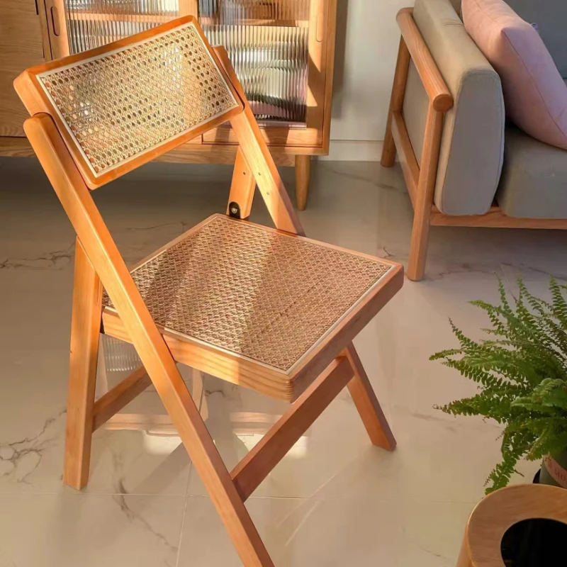 

Ins Walnut Color Rattan Folding Dining Accent Chair Nordic Furniture Home with Backrest Balcony Living Room Casual Stools