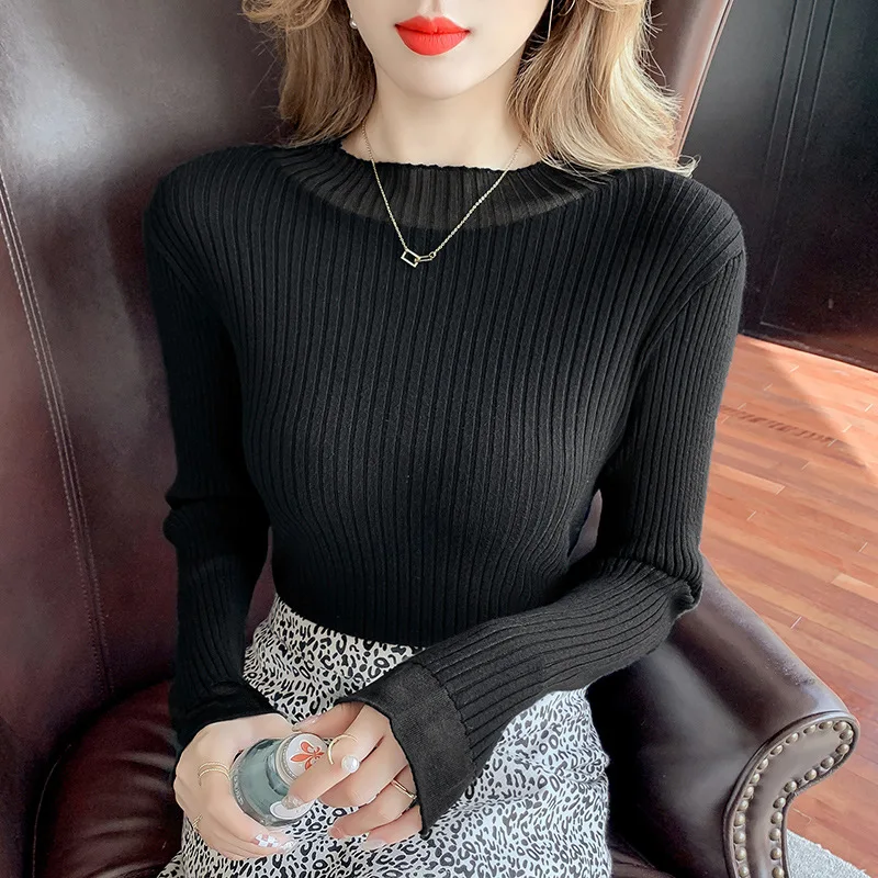 

Round neck knitted women's pullover 2021 autumn new solid color long sleeves White