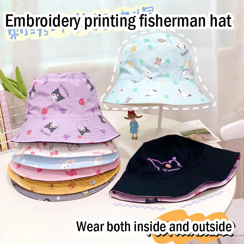 

Sanrio Cute Cartoon Fisherman Hat Kuromi Hellokitty Mymelody Adult Sun Visor Face Covering Casual Sun Hat Double-Sided Wear