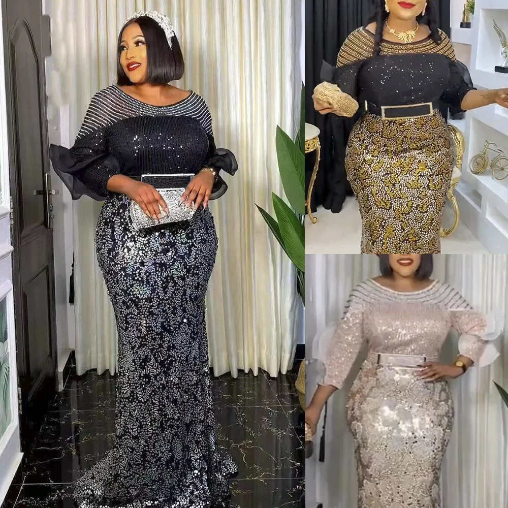 

2022 African Plus Size Dresses Women Wedding Party Sequin Mermaid Dress Ankara Dashiki Outfit Robe Africaine Femme Gowns 13A001