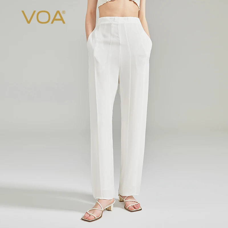 

(Fans Exclusive Discount) VOA Three Layer Georgette Silk Pants Women Natural Waist Side Pocket White Straight Trousers KE963