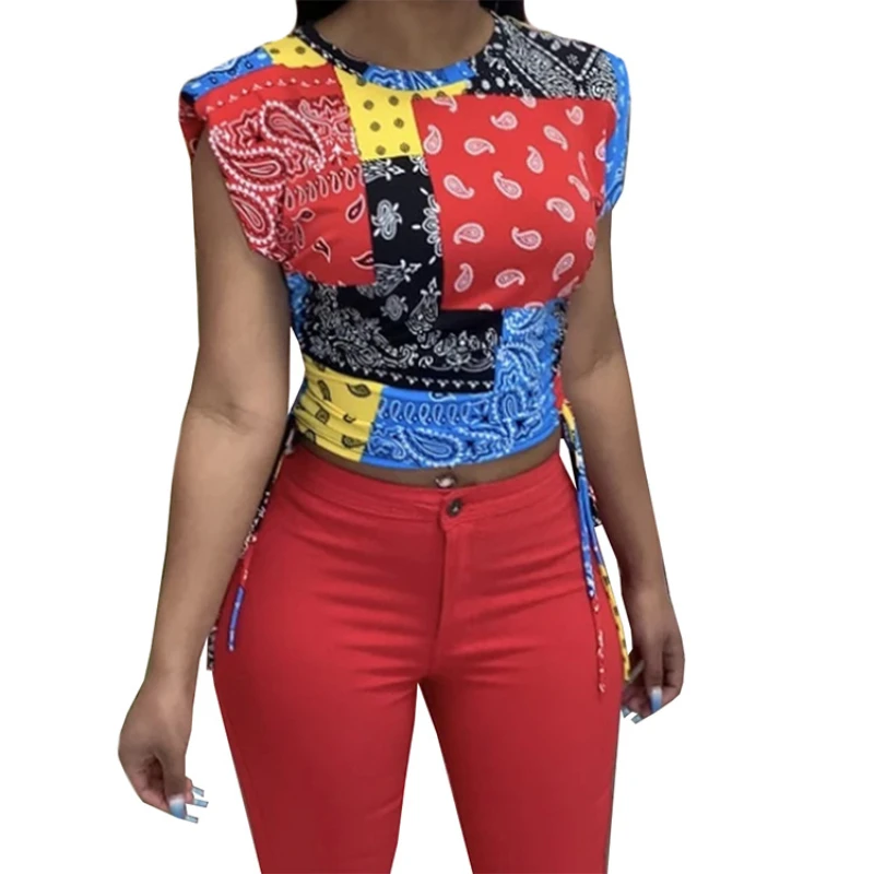 

Women Gothic Punk Short Sleeve T-Shirt Contrast Color Paisley Print Crop Top Side Drawstring Slim Tees y2k Streetwear Mujer