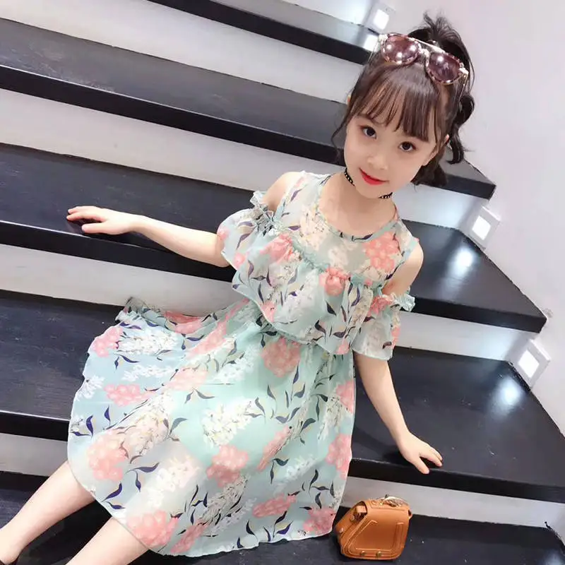 

2022 Summer Teen Girls Lace Ruffle Shorts Sleeve Flower Print Dress 5-16 Year Off The Shoulder Mesh Chiffon Clothes vestidos