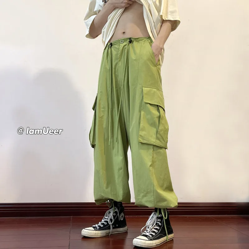 Summer Green/Black Cargo Pants Men Fashion Pocket Casual Pants Mens Japanese Streetwear Loose Straight Pants Mens Trousers M-2XL
