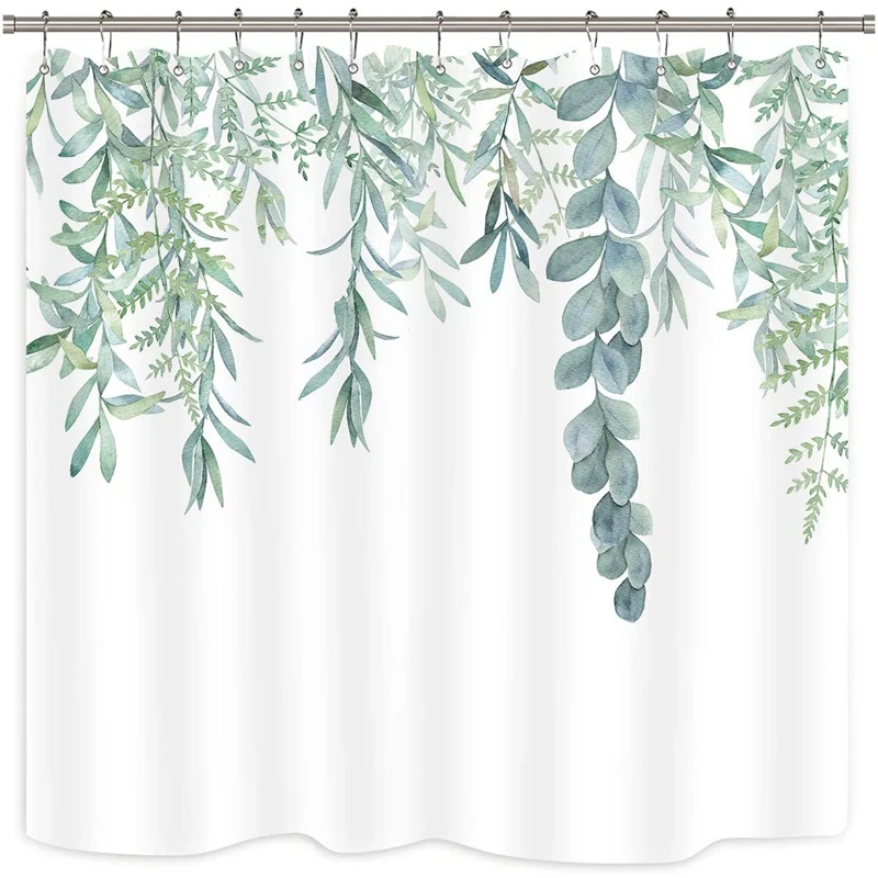 

Nature Plants Eucalyptus Organic Botanical Floral Bathroom Decor With Hook Sage Green Leaves Shower Curtain 72Wx72h Inch