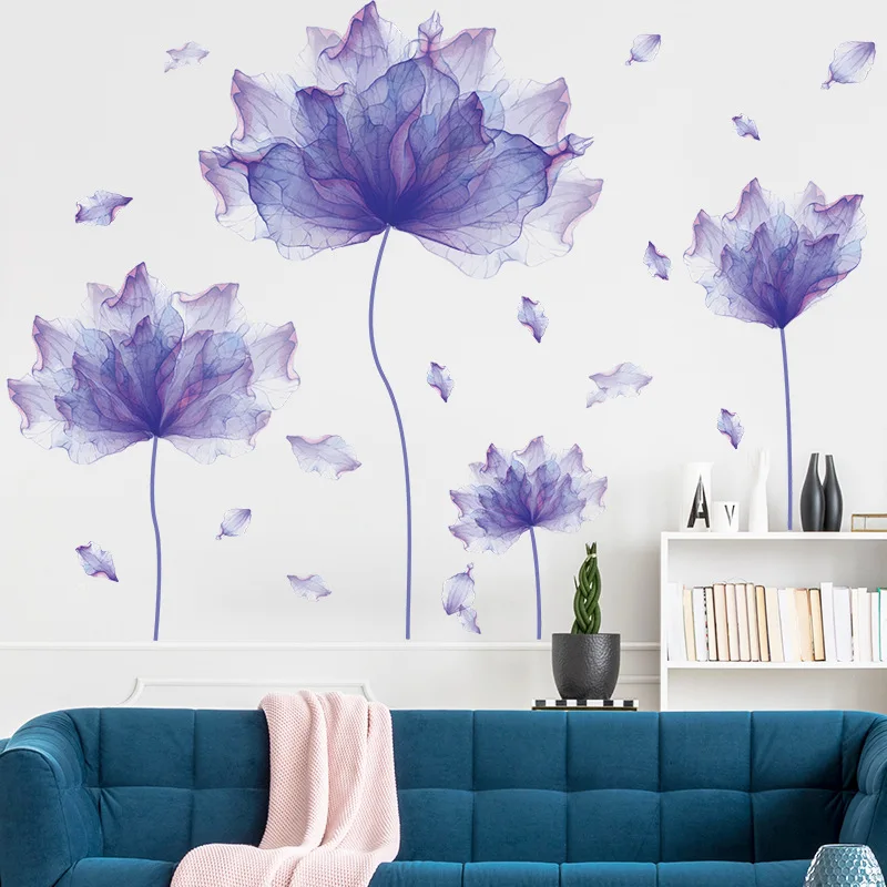 

Purple Flower In Wind Wall Stickers For Bedroom Home Decoration Plant Plane Mural Window Removable Diy Wallposters