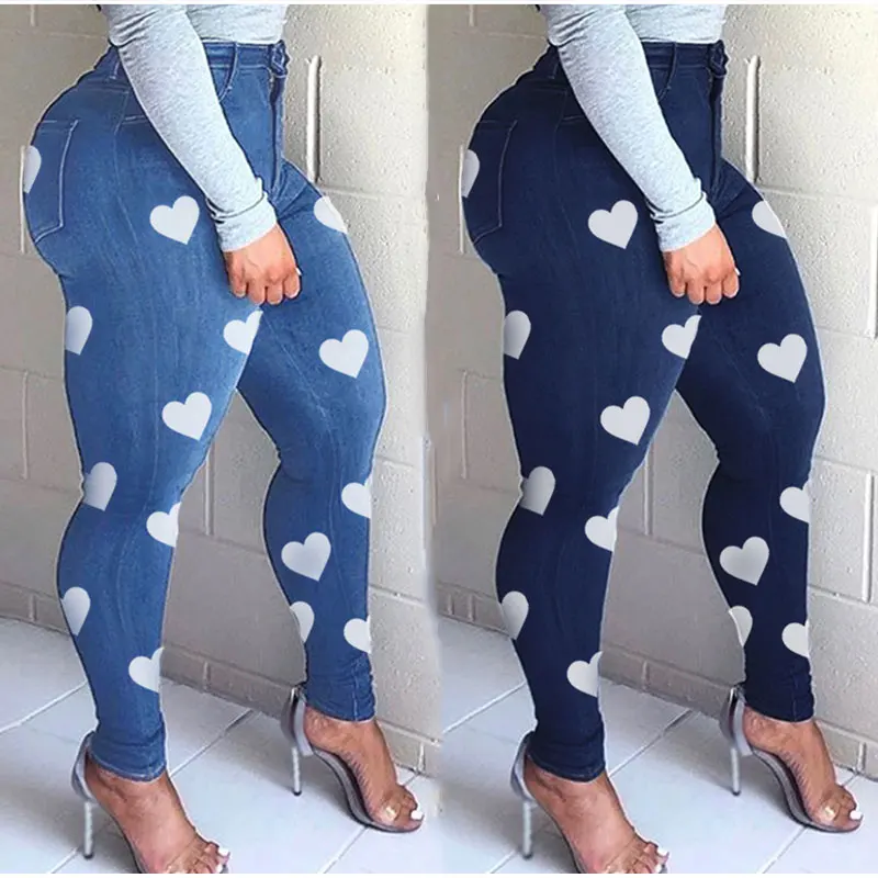 New Y2K Oversize Printed Heart Shaped Jeans Mommy 2XL Retro Street Women Women's Blue High Stretch Sexy Skinny Pencil Jeans