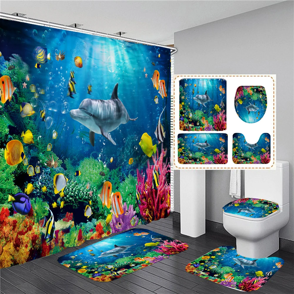 

3D Ocean Seabed Animals Shower Curtains Sets Toilet Cover Bath Mat Fish Dolphin Print Bathroom Curtain Waterproof Bath Curtain