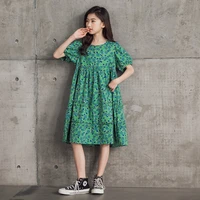 new 2022 teen girls dress floral children clothes summer midi long dresses print fashion kids clothing green puff sleeve