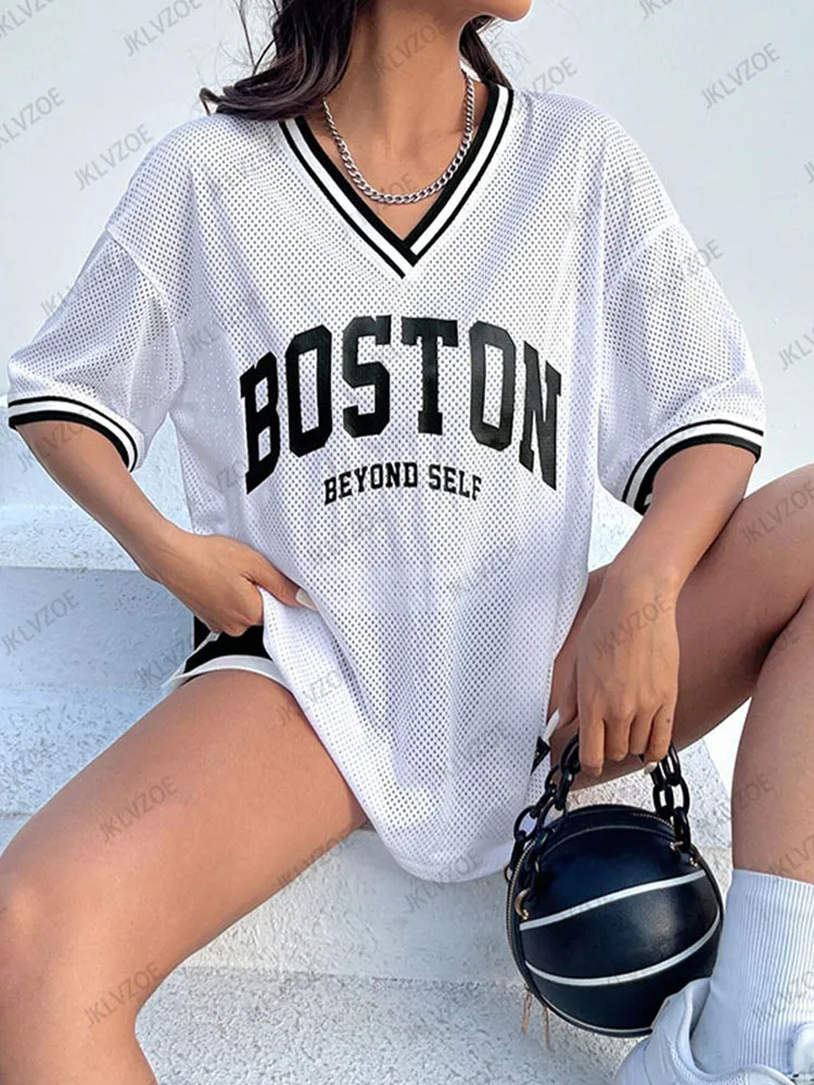 Женская футболка с коротким рукавом и V-образным вырезом свободного покроя