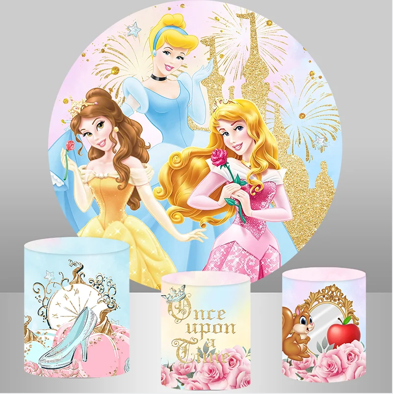 

Disney Princess Girls Birthday Backgrounds Party Decors Round Circle Backdrops Baby Shower Supplies Cinderelia Sofia Snow White