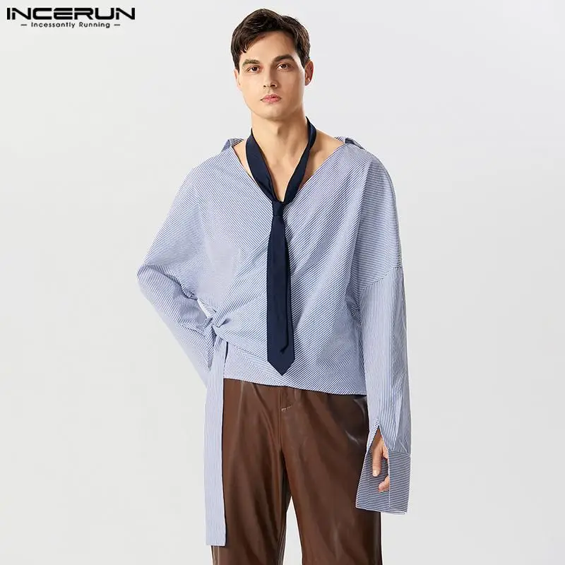 

INCERUN 2023 Men Shirt Striped V Neck Long Sleeve Loose Lace Up Fashion Camisas Streetwear Casual Male Irregular Shirts S-5XL
