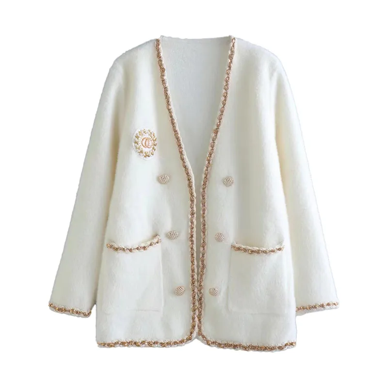 

ZATRHMBM 2022 Autumn New Fashion Beaded Knitted Cardigan With Pocket Vintage Long Sleeve Button Female Sweaters Chic Top