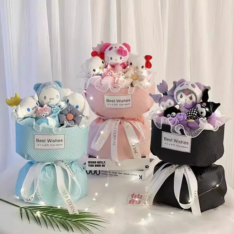 

Sanrios Hello Kittys Kuromi Plush Bouquet Kawaii Cinnamoroll My Melody Pompompurin Anime Toys Girl Valentine's Day Birthday Gift