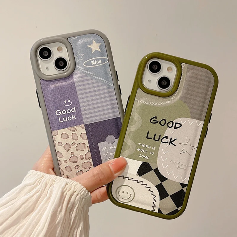 

Cute Smile Pattern Good Luck PU Leather Phone Case For iPhone 14 13 12 11 Pro Max XS XR 14 Plus Grids Full Protection Cover