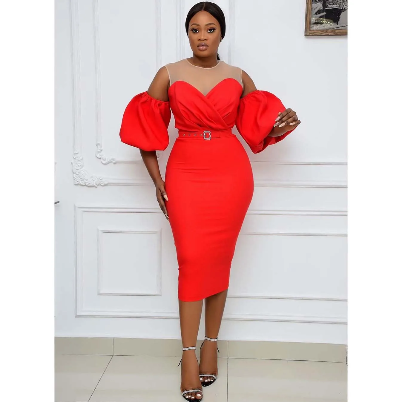 

Plus Size Elegant Evening Dress Long Puff Sleeves High Waist Off the Shoulder Mid-Calf Gown 2022 Ever Pretty of Prom Women Dress