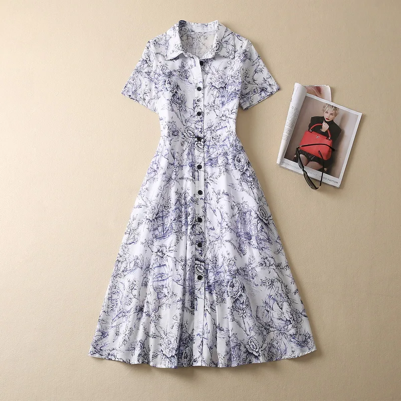 European and American women's clothing for autumn/Winter 2022 Short-sleeved single breasted blue print Fashion cotton dress