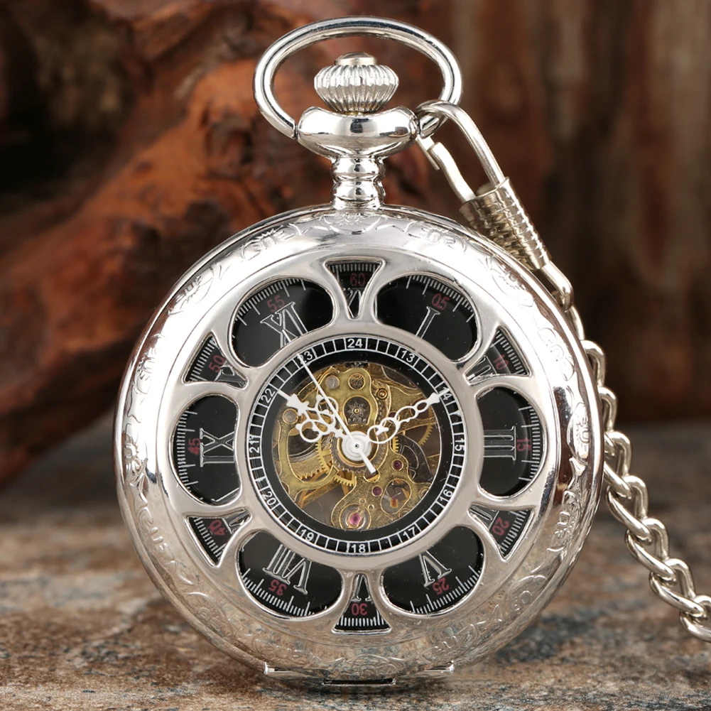 Silver Roman Numerals Dial Hand Winding Mechanical Pocket Watch Hollow Flower Display Elegant Vintage Fob Chain Manual Clock