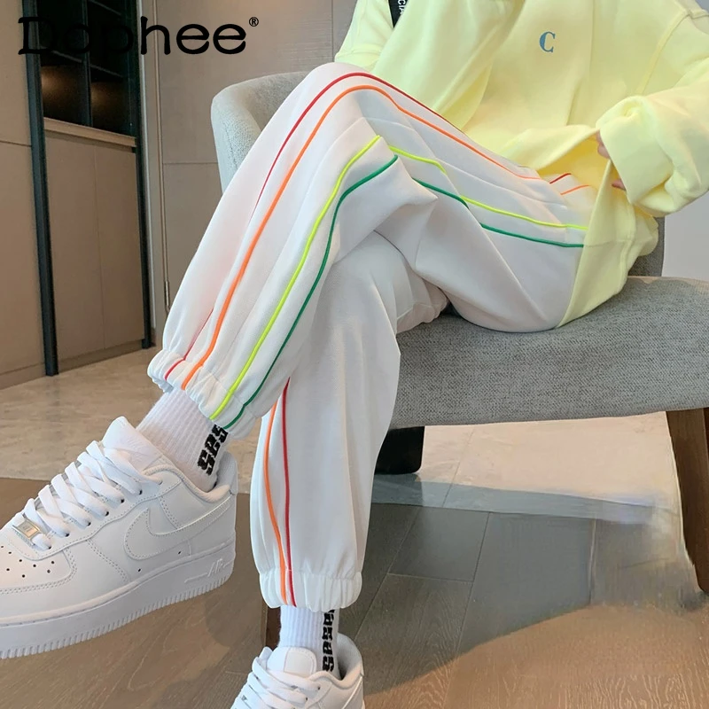 

Белые брюки в цветную полоску, женские спортивные брюки с завязкой на щиколотке, новинка весны 2022, Модные свободные повседневные спортивные...