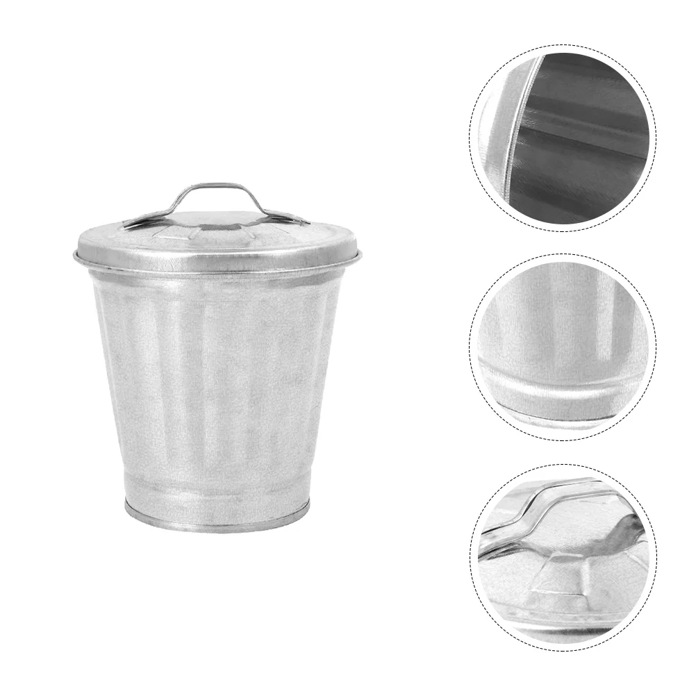 

Can Trash Garbage Lid Mini Metal Desktop Bin Waste Container Bucket Basket Flower Galvanized Wastebasket Pot Iron Tiny Kitchen