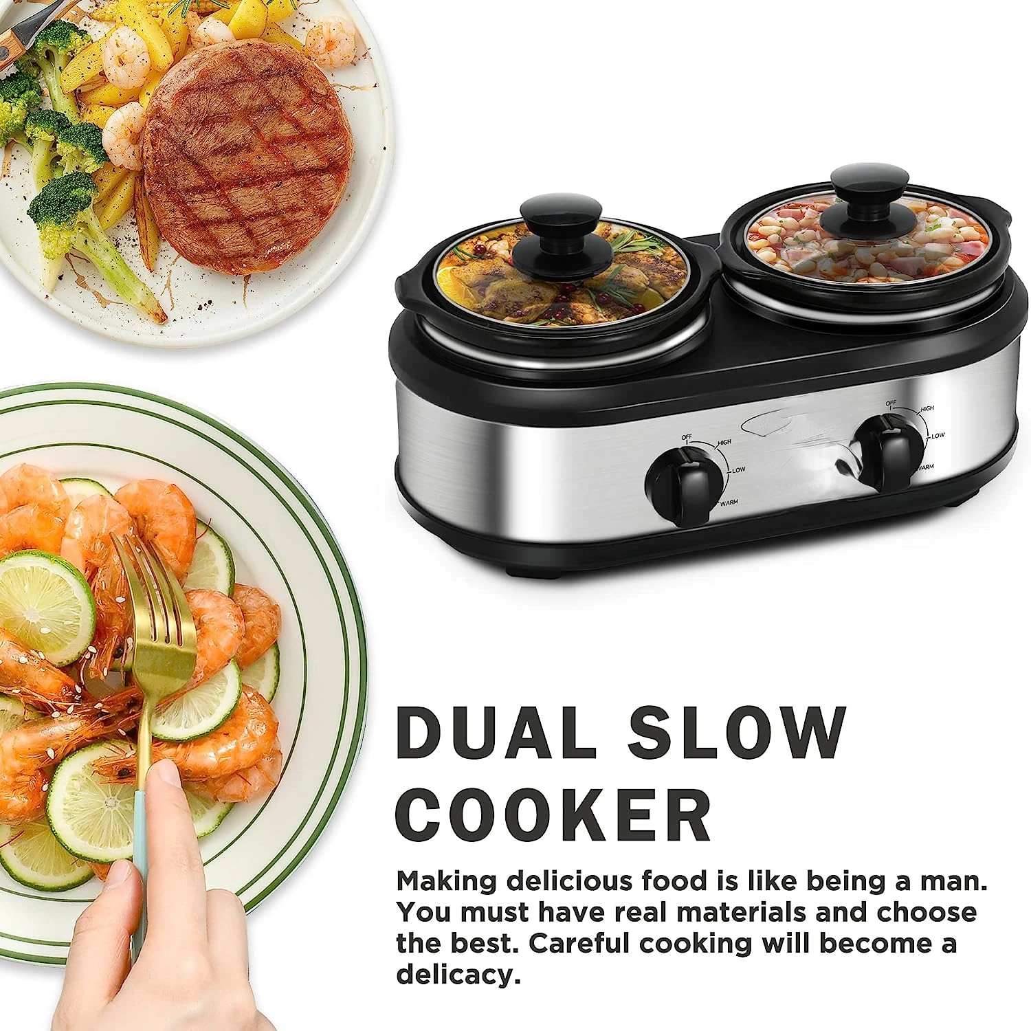 

Dual Pot Slow Cooker, 2 Pot Small Mini Crock Buffet Server and Warmer, Double Pot Buffet Food Warmer Adjustable Temp Lid Rests S