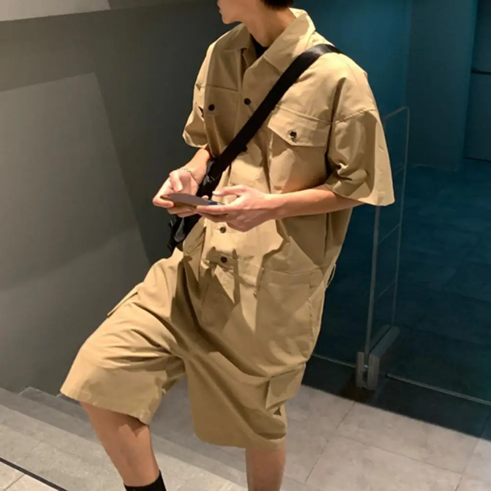 Men Romper with Bag Breathable Vintage Bib Solid Color Pockets Overalls for Summer Short Sleeve Button Jumpsuits Male Streetwear