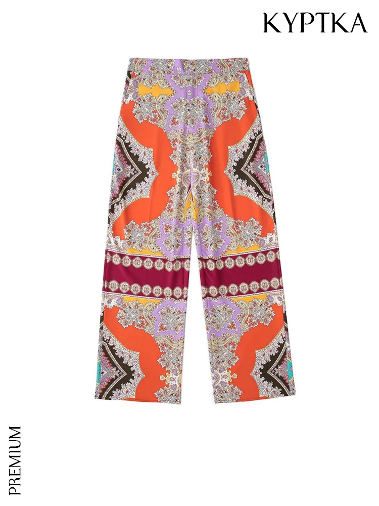 

KYPTKA Women Fashion Side Pockets Printed Pants Vintage High Waisted Black Elastic Zipper Fly Female Trousers Mujer