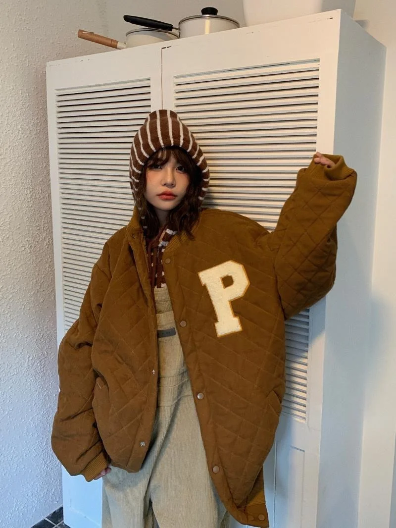 Autumn and Winter New Lamb Wool Rhombus Loose and Simple Korean Fashion Trend Top Plus Velvet Thick Thick Warm Jacket